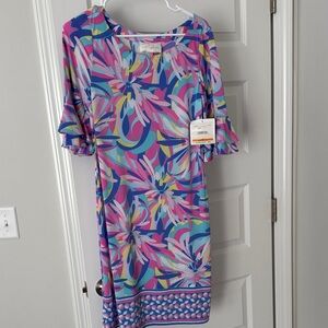 Bright Blue & Pink Floral Long Sleeve Shift Dress